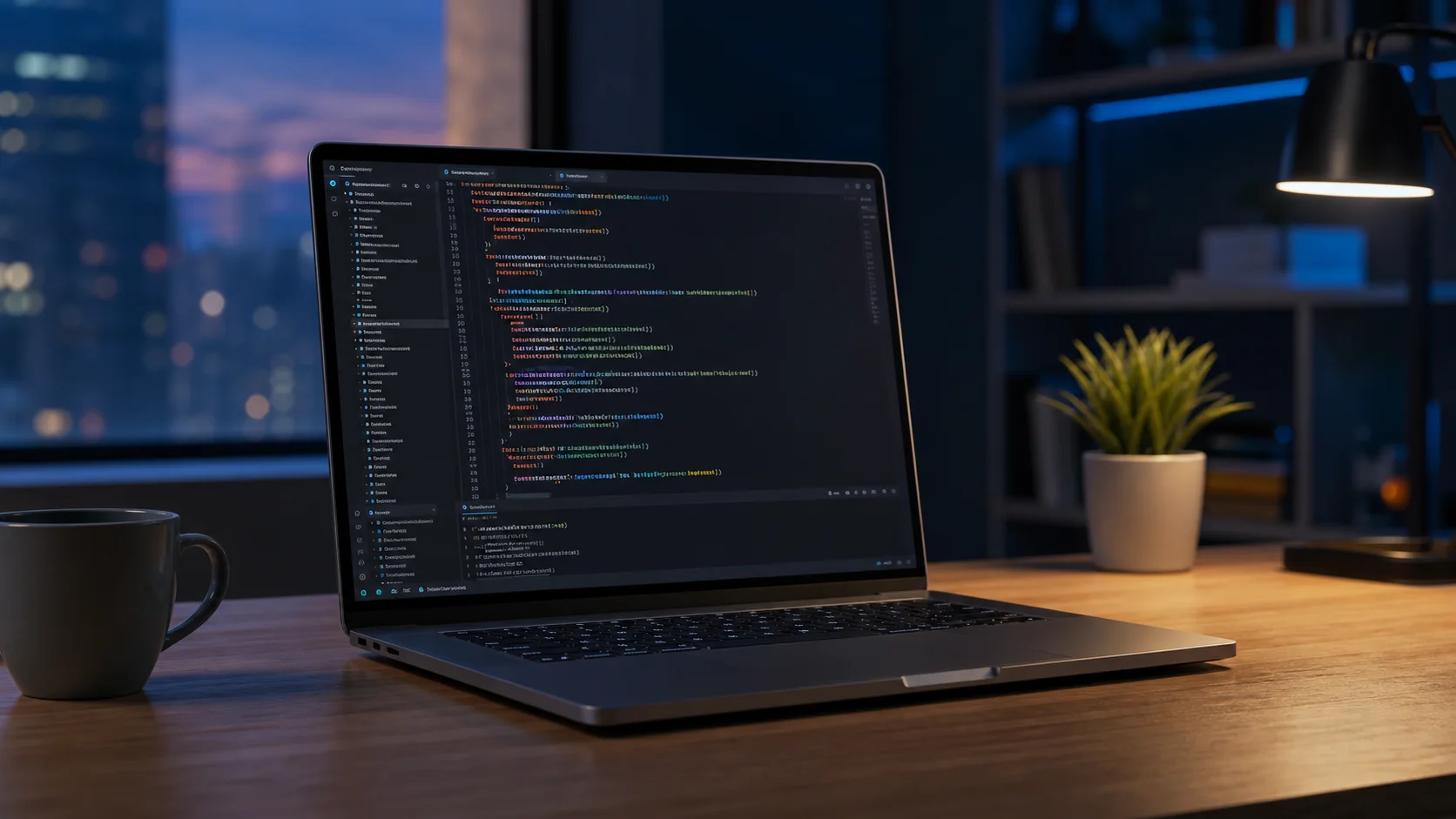 A laptop displaying a code editor on a calm developer workspace at dusk