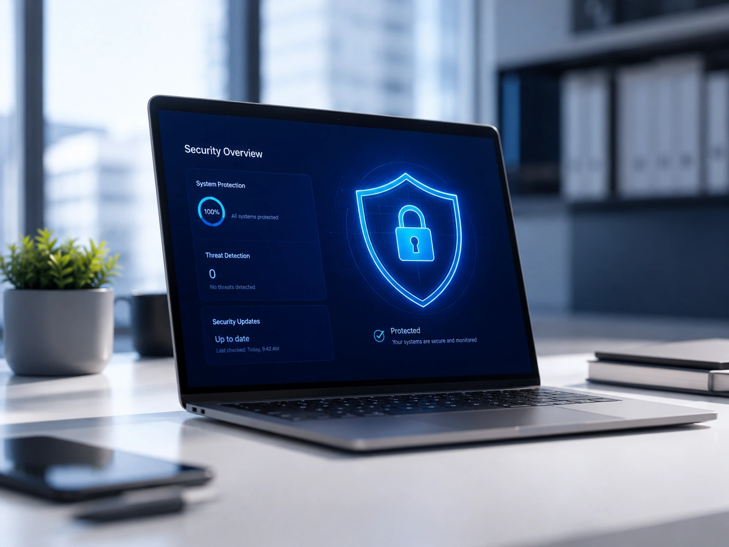 Laptop displaying a cybersecurity protection overview